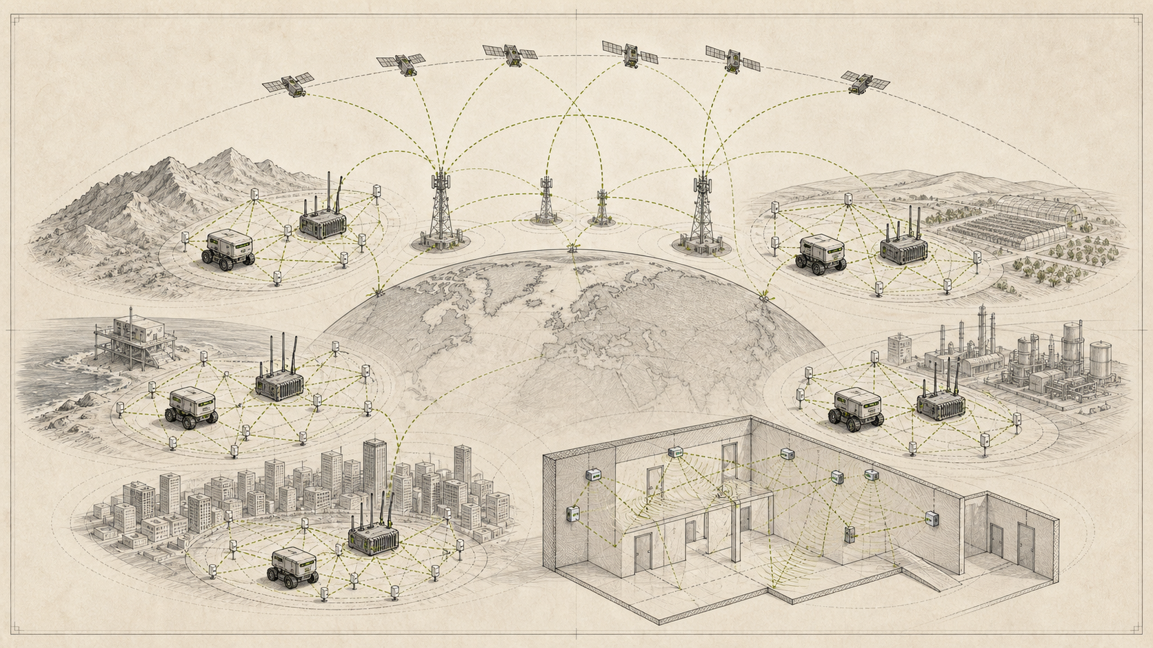 Global DODEXA network blueprint with regional Wi-Fi cells, low-rate gateways, and satellite backhaul
