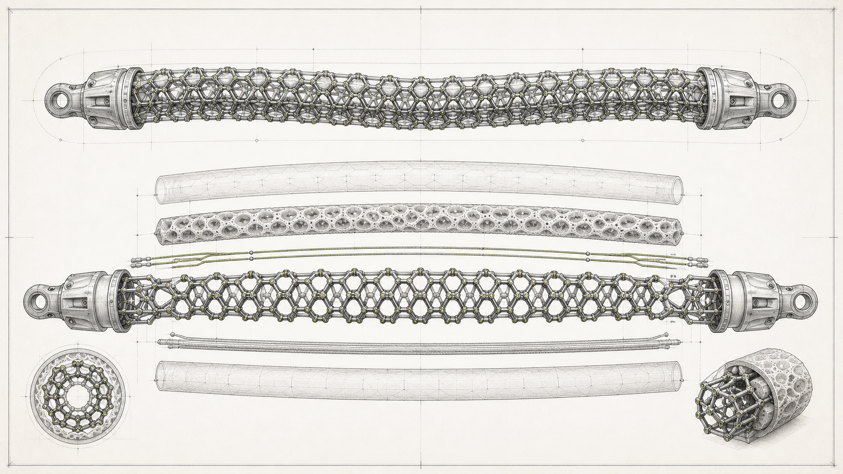 Longitudinal exploded concept blueprint of a DODEXA artificial-muscle tendon