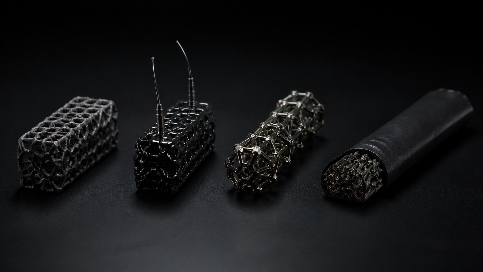 Four DODEXA development artifacts: raw lattice, coated coupon, magnetic-node chain, and encapsulated tendon