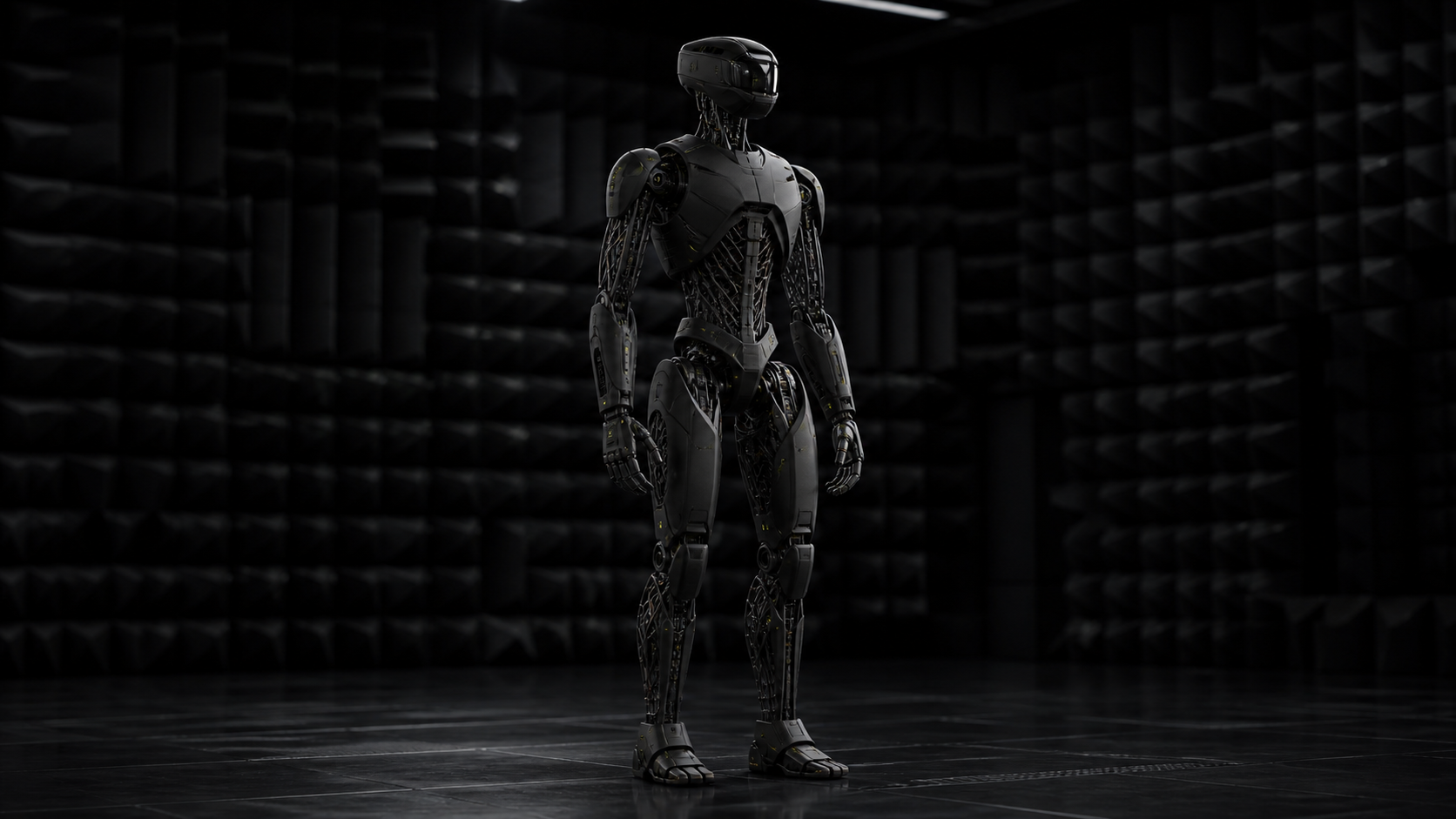 A black field robot with exposed DODEXA lattice-muscle bundles in its limbs