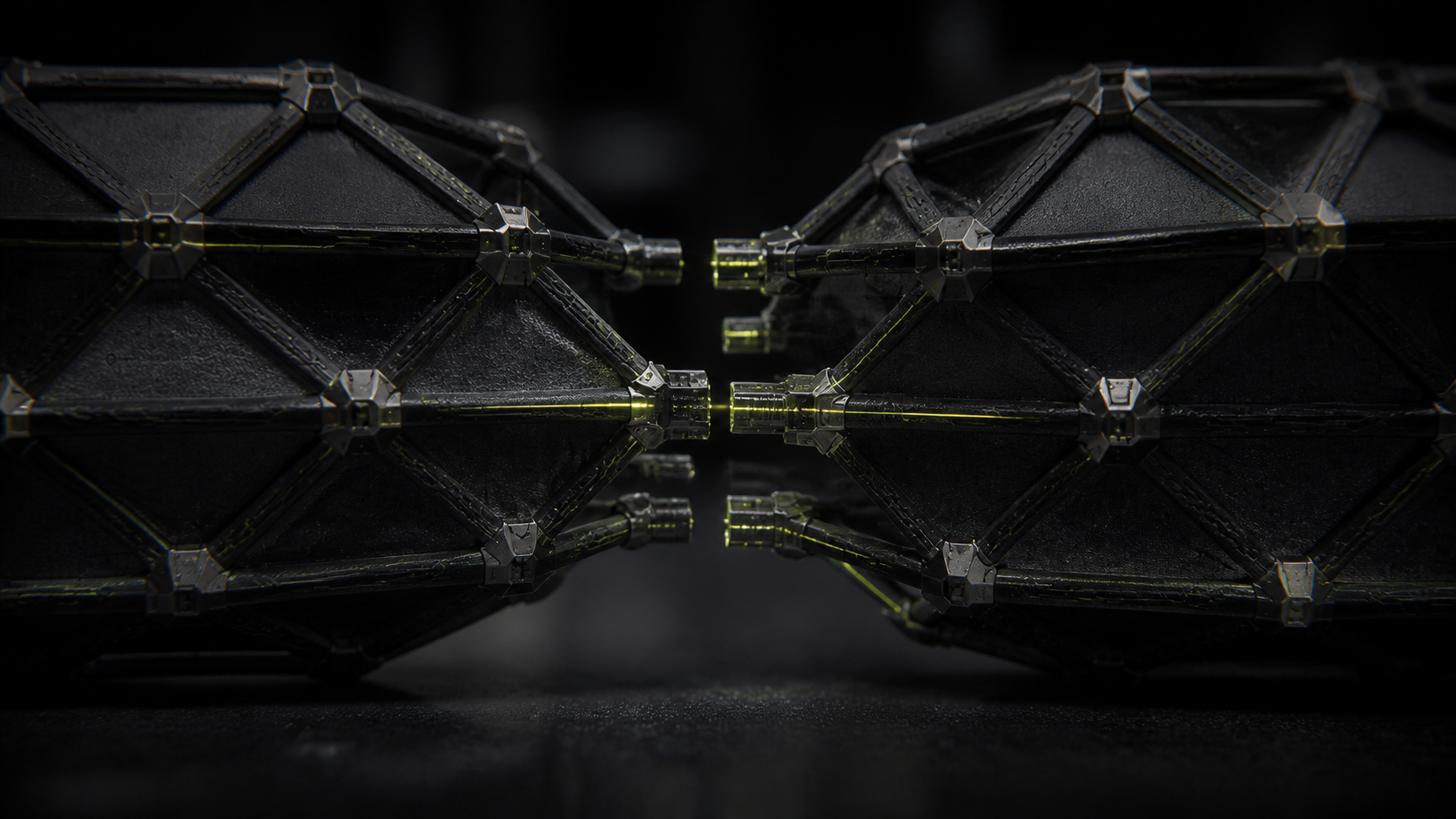 Two damaged DODEXA lattice sections magnetically realigning in a dark laboratory